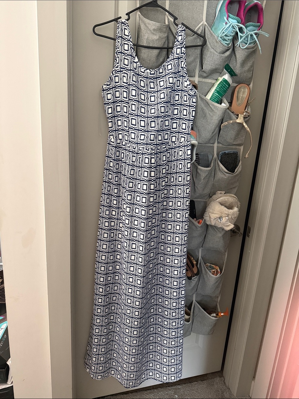 Peach Love California Navy and White Geometric Maxi Dress